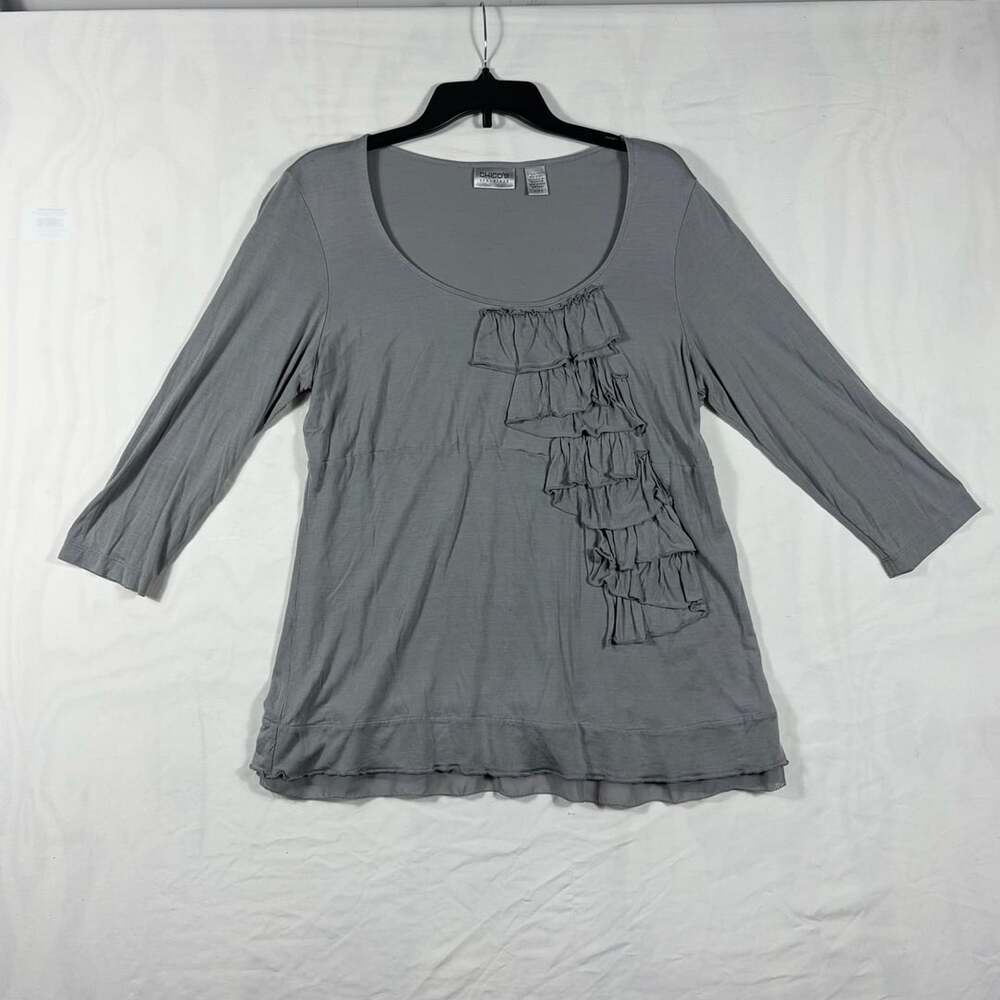 Chico's Travelers Top Size 2 Gray Silk Blend Ruffle 3/4 Sleeve